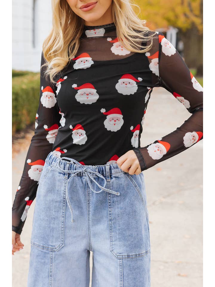 Black Christmas Santa Print Mesh Long Sleeve Top | S-XL for wholesale on Faire5