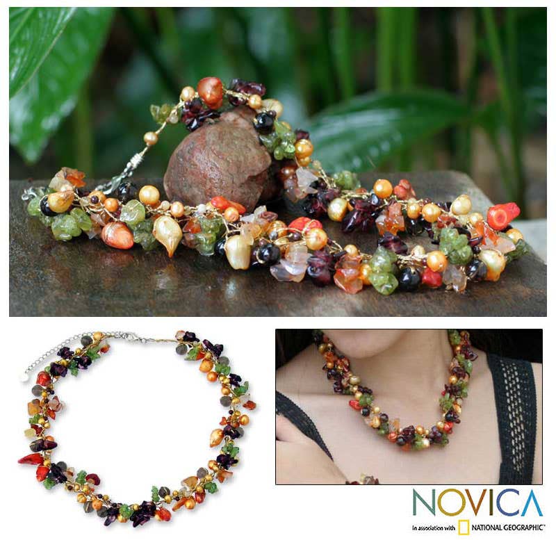 NOVICA - Wholesale Pendant/Charm Necklace - Sweet Floral Cascade Pearl And Chalcedony Beaded Necklace1