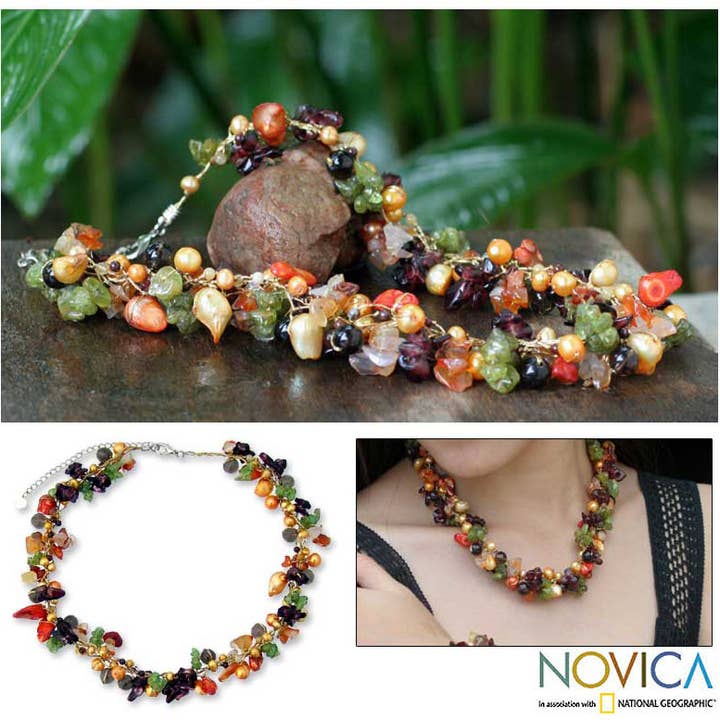 NOVICA - Wholesale Pendant/Charm Necklace - Sweet Floral Cascade Pearl And Chalcedony Beaded Necklace1
