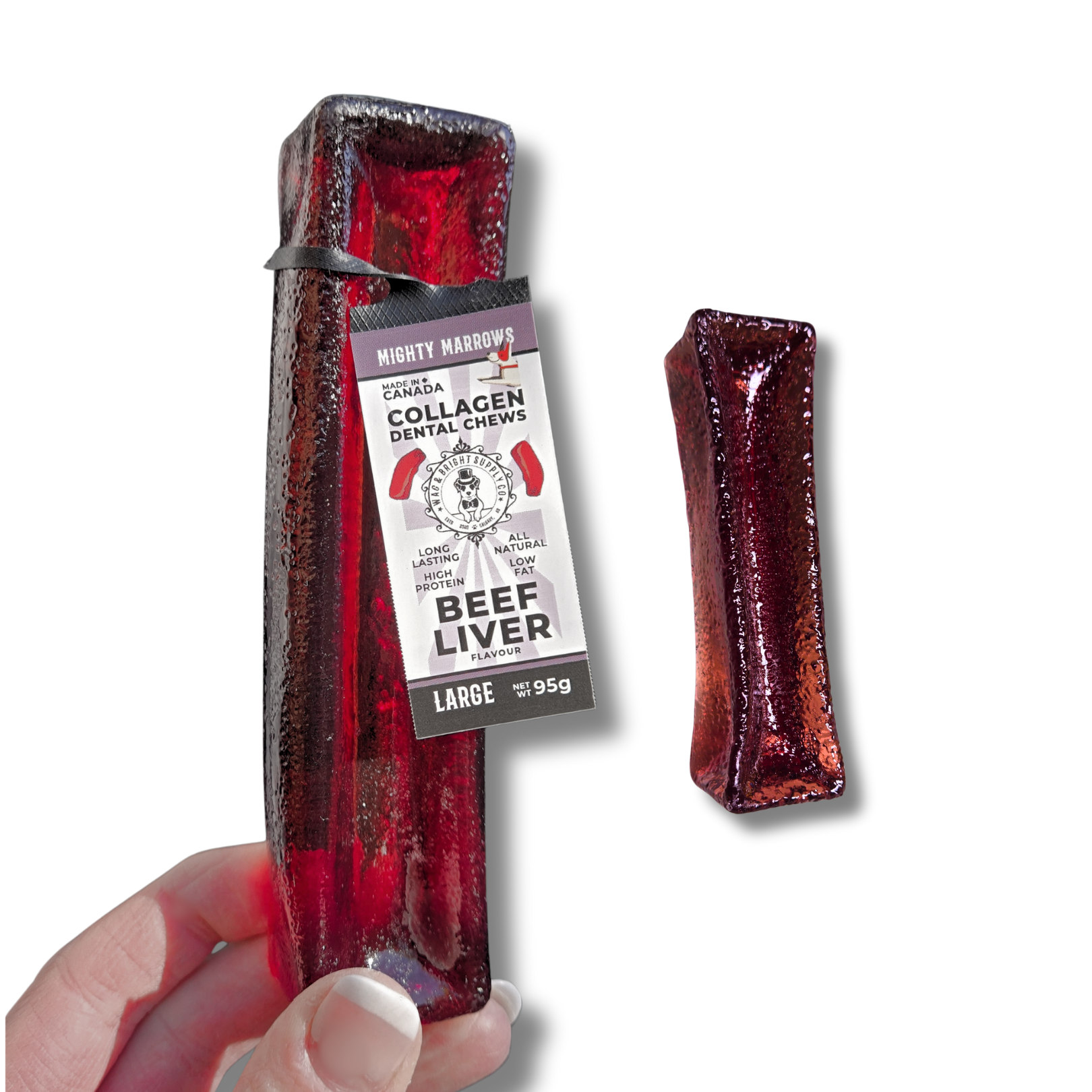 Wag & Bright Supply Co. – Couro/osso para cão - Cão por atacado – Mighty Marrows Colagénio Mastigável para Dentes - Fígado de Vaca - 3 Tamanhos8