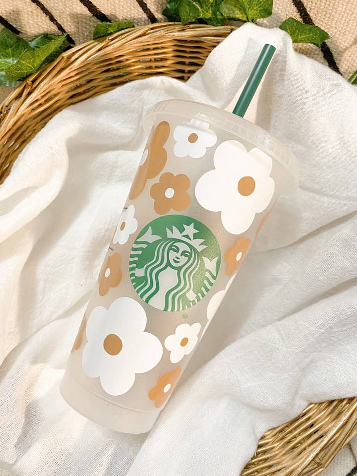 Brown Retro Flowers Starbucks Cup for wholesale by Lovely JEN's Designs