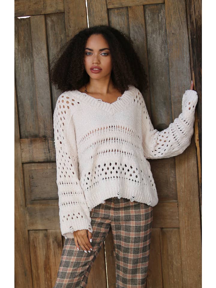 ANGIE - Wholesale Knit Sweater - Women's - XHC73-ASIS CHENILLE HOLEY PULLOVER SWEATER15