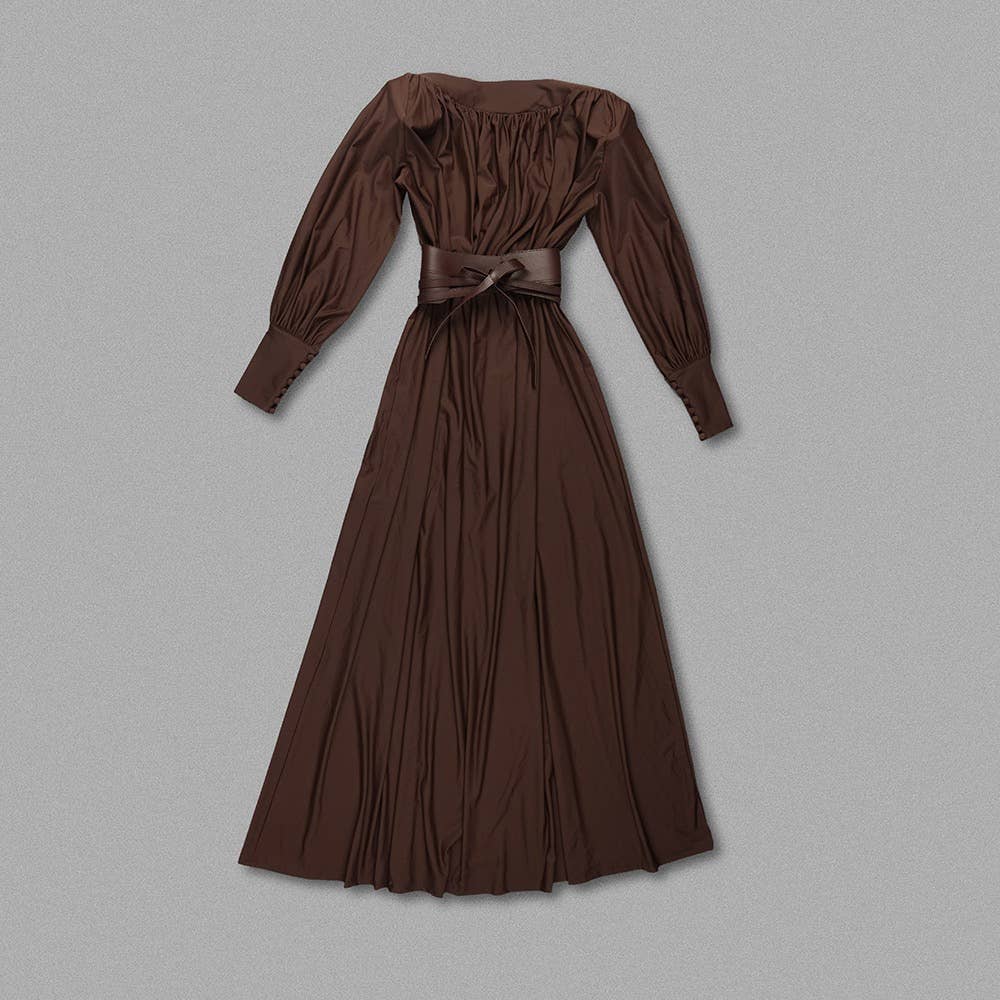 DR316 Elegant Chocolate Gathered Waist Maxi Dress for wholesale on Faire5