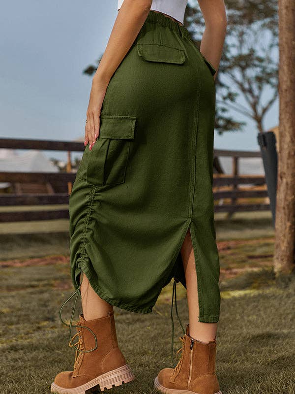 Sheer Trend - Wholesale Skirt - Women's - A-Line Loose Drawstring Elasticity Pockets Solid Color Split-Back Skirts Bottoms5