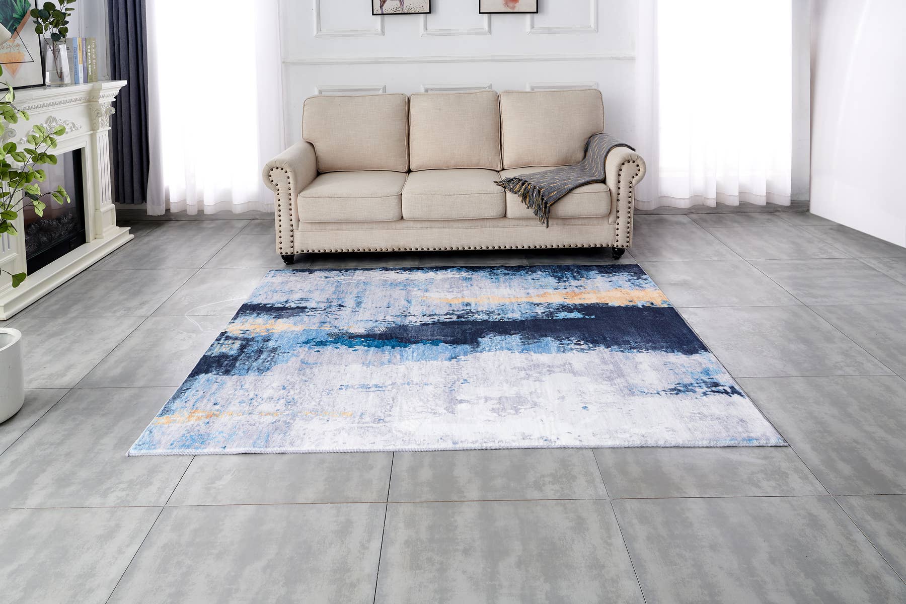 Amazing Rugs – Großhandel Teppichvorleger – Zara Abstract Design, maschinenwaschbar, grau/blau-gelber Bereich7