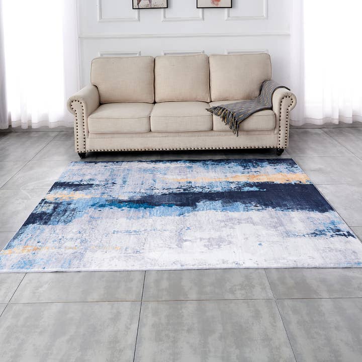 Amazing Rugs – Großhandel Teppichvorleger – Zara Abstract Design, maschinenwaschbar, grau/blau-gelber Bereich7