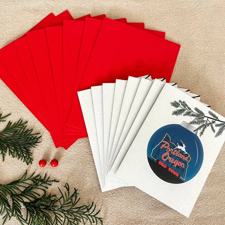 Boxed Set of 8 Portland Stag Holiday Cards for wholesale by JessBecauseArtCo