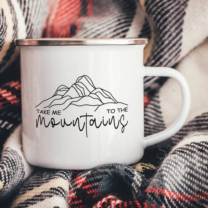 EllieBeanPrints – wholesale Coffee mug – Take Me To The Mountains Enamel Camper Mug | Camping Mugs