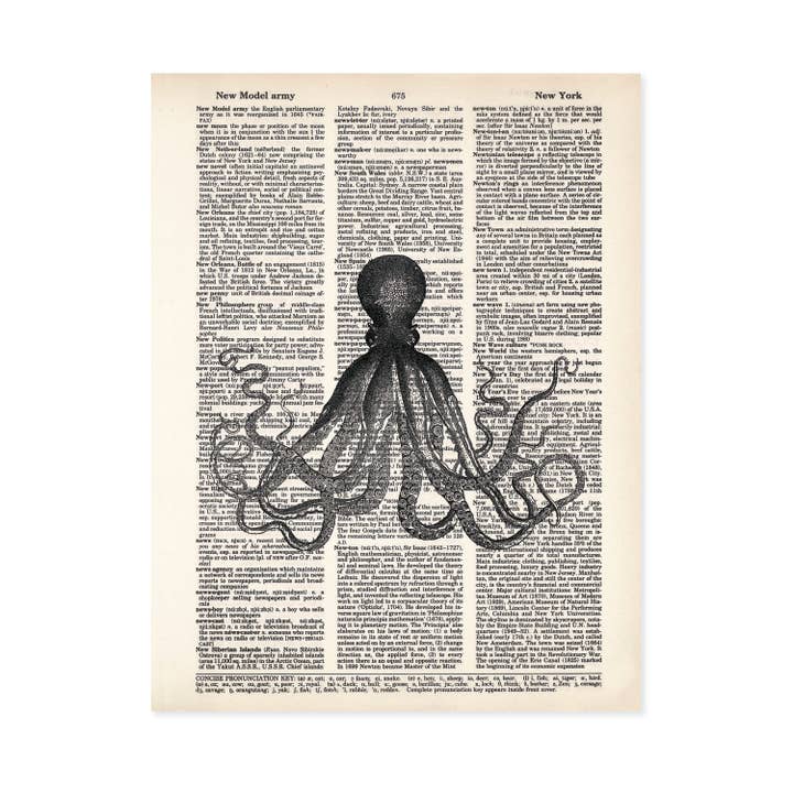 Octopus - Vintage Etching Printed on a Dictionary Page for wholesale by Blue Twist & Co