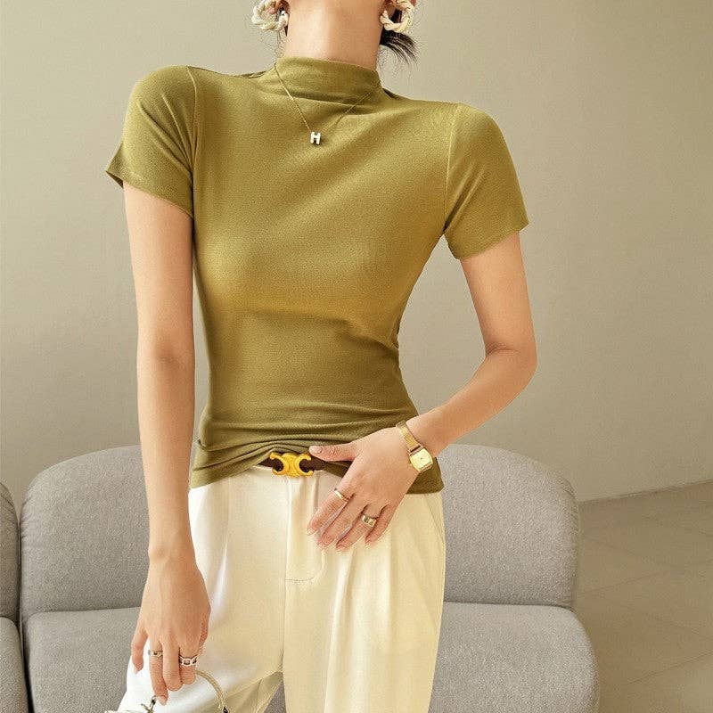 Sheer Trend - Wholesale T-Shirt - Women's - Modal High Neck Short Sleeve Tee With Classic Shoulder Design4