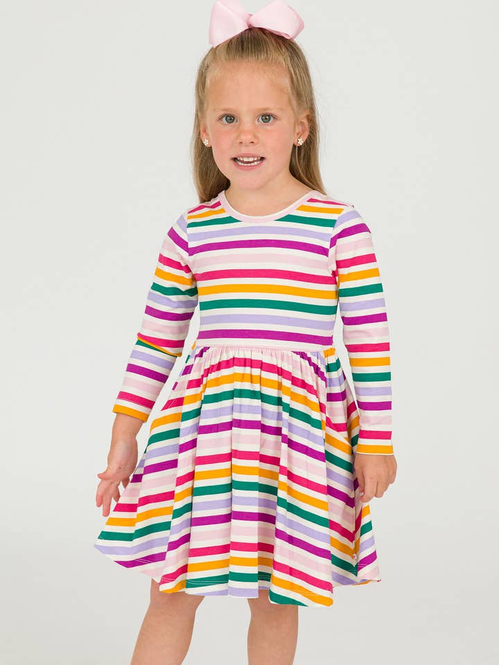 Girls Colorful Rainbow Stripe Knit Long Sleeve Twirl Dress
for wholesale by RuffleButts + RuggedButts