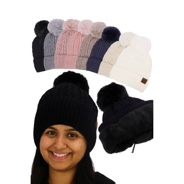 Heathered Cable Knitted Fleece Lined Beanie and other Purchase Wholesale pom pom trim. Free Returns & Net 60 Terms on Faire trending on Faire.
