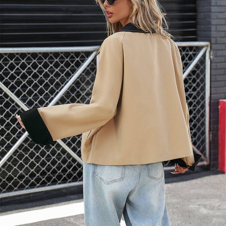 Khaki Contrast Collar Colorblock Cropped Lightweight Jacket for wholesale on Faire3
