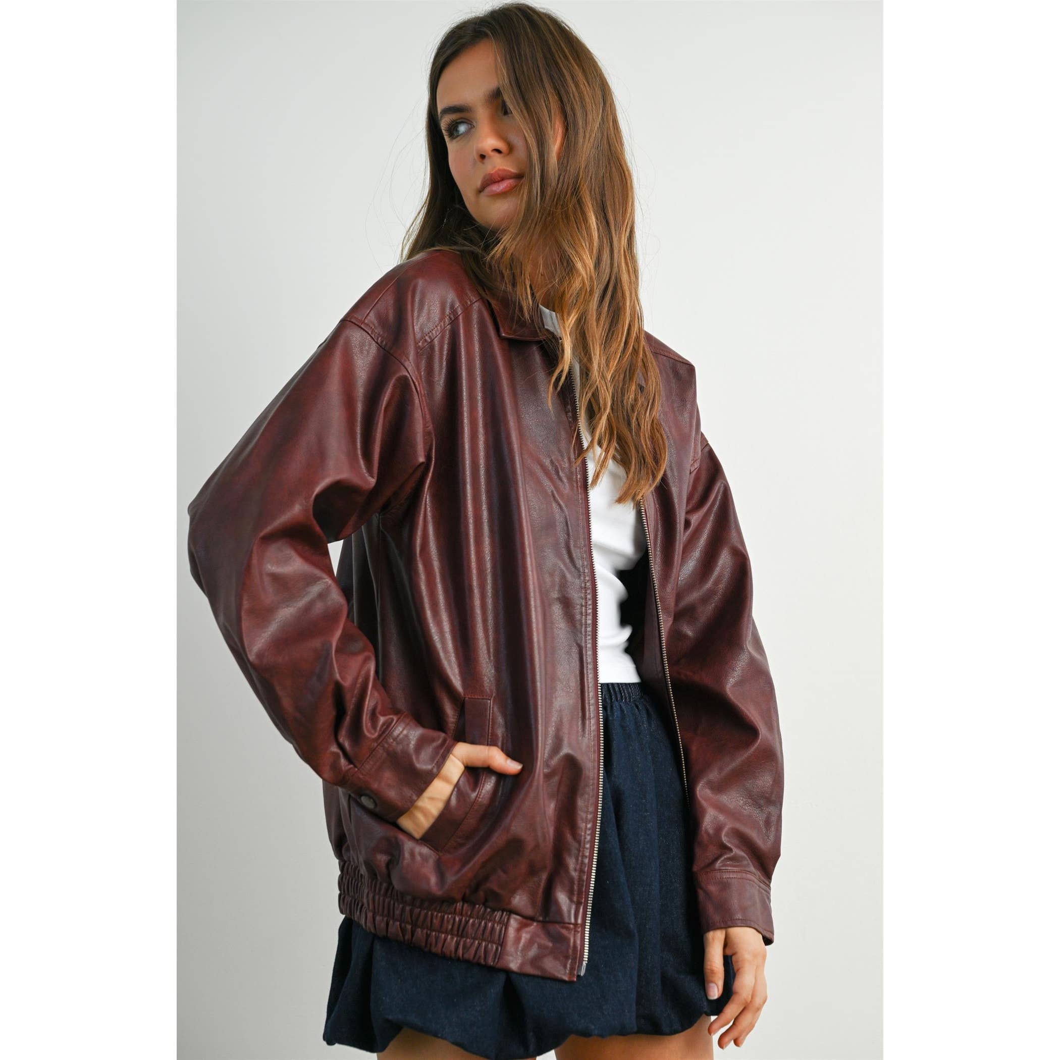 BUTTERMELON - Wholesale Jacket - Women's - Collared Zip-Front Leather Jacket - BMJ796810