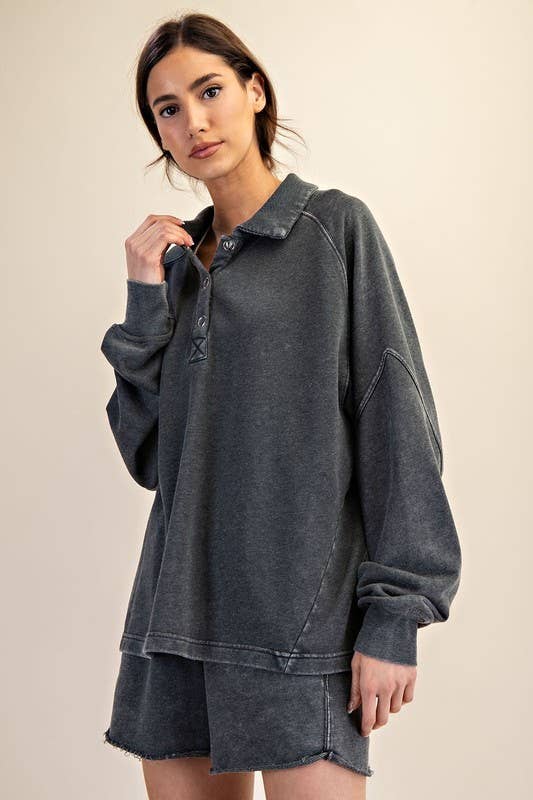 Sunday Morning - Wholesale Sweatshirt - Women's - T170037 LONG SLEEVE MINERAL WASHED POLO SWEATSHIRT4