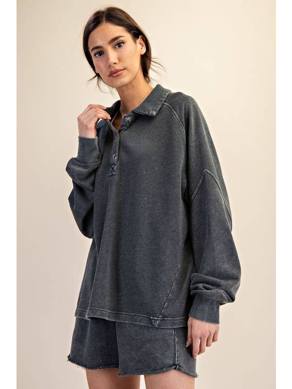 Sunday Morning - Wholesale Sweatshirt - Women's - T170037 LONG SLEEVE MINERAL WASHED POLO SWEATSHIRT4