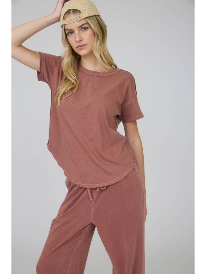 J.O.A - Wholesale Knit Top - Women's - EXPOSED SEAM RAW EDGE SHORT SLEEVE KNIT TOP17