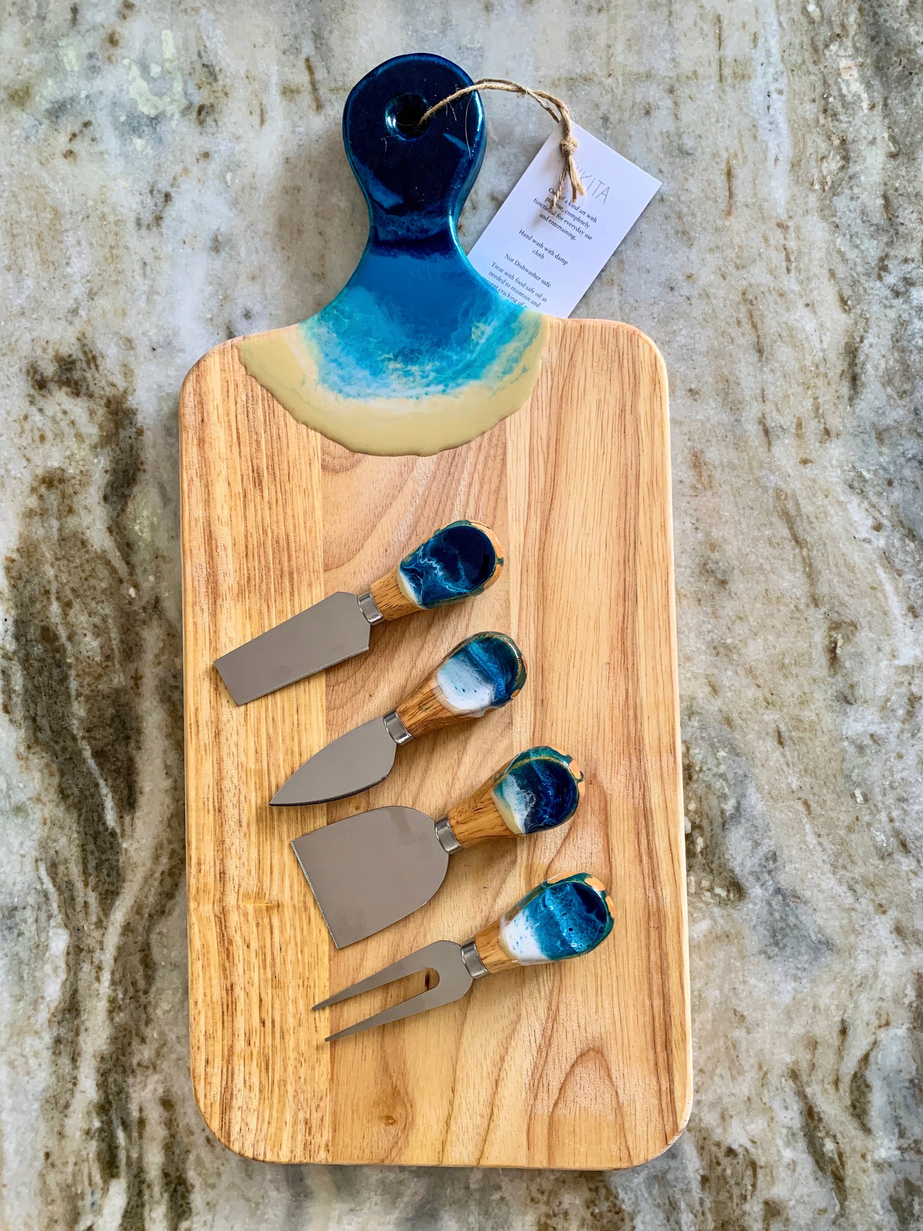 Nikita Fine Art LLC - Wholesale Kitchen Utensil Set - Cheese Utensil Set of 4 with black box organic resin poured1
