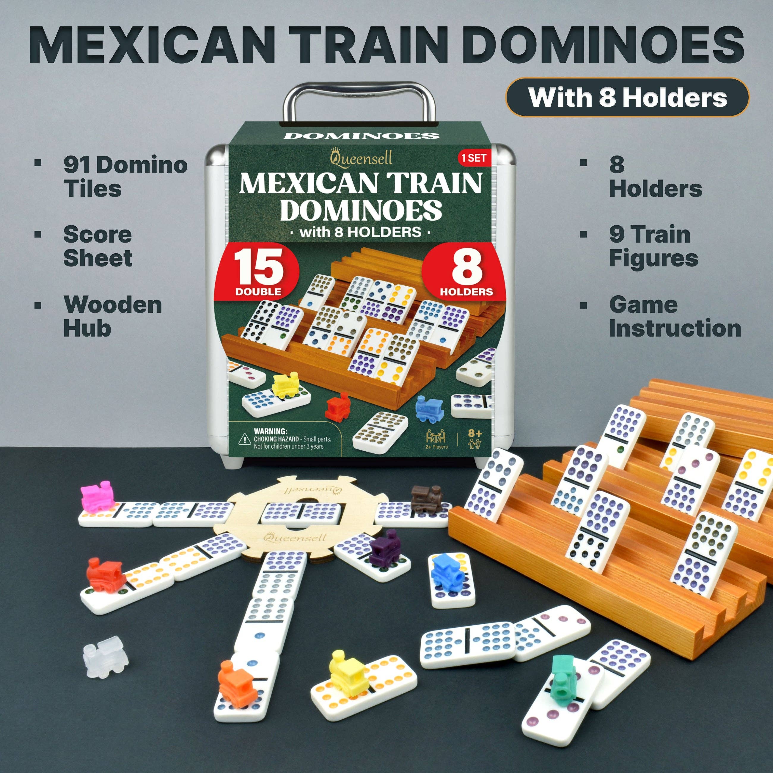 Queensell - Wholesale Dominoes - Mexican Train Dominoes Set Double 15 with 8 Holders1