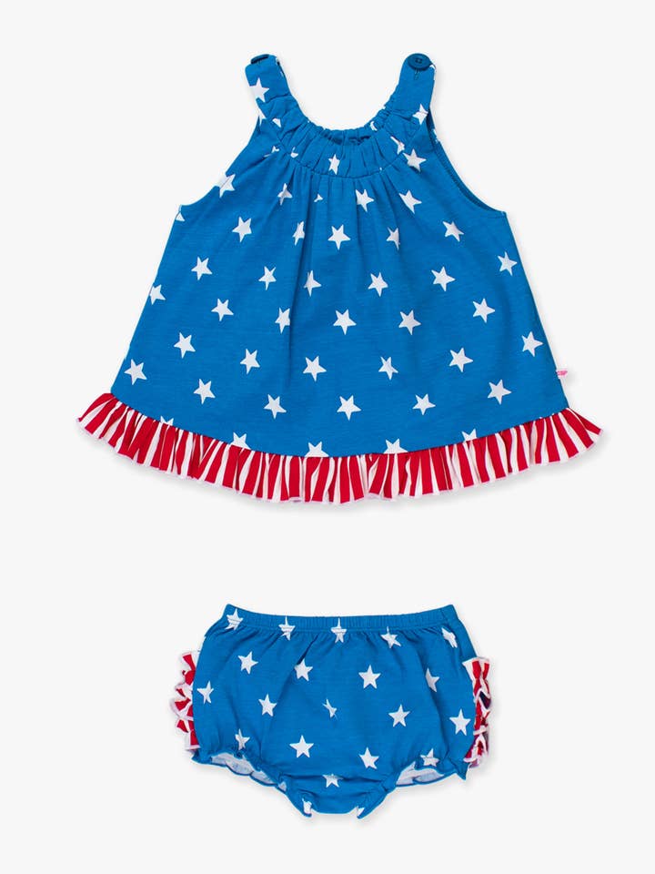 RuffleButts + RuggedButts - Wholesale Top & Short Set - Baby - Baby Girls Stars & Stripes Knit Swing Top and Bloomer Set
