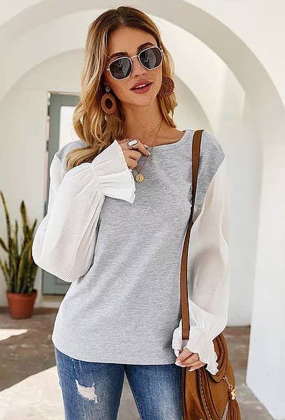 Grey Women Raglan Style Pleated Chiffon Sleeves Loose fit Shirt for wholesale on Faire4