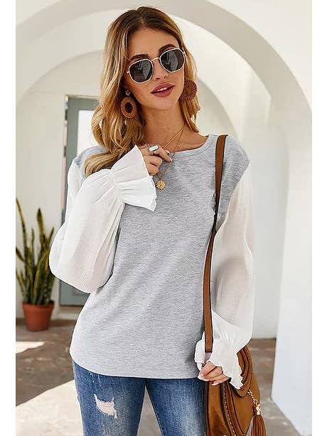 Grey Women Raglan Style Pleated Chiffon Sleeves Loose fit Shirt for wholesale on Faire4
