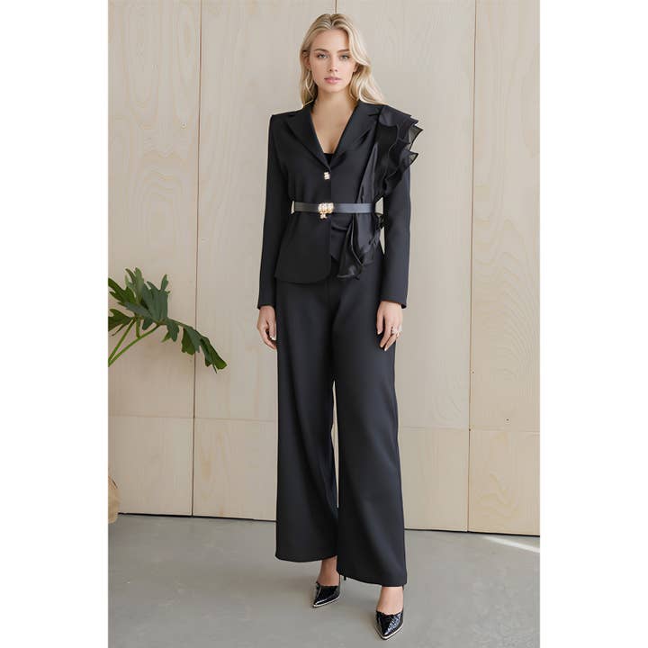 X0241LS Ruffle Blazer and Wide Leg Pant Set for wholesale by XHHH Inc
