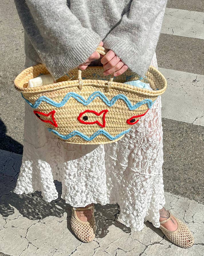 DarKech - Wholesale Beach bag - Handwoven Straw Market Basket with Fish Embroidery 4