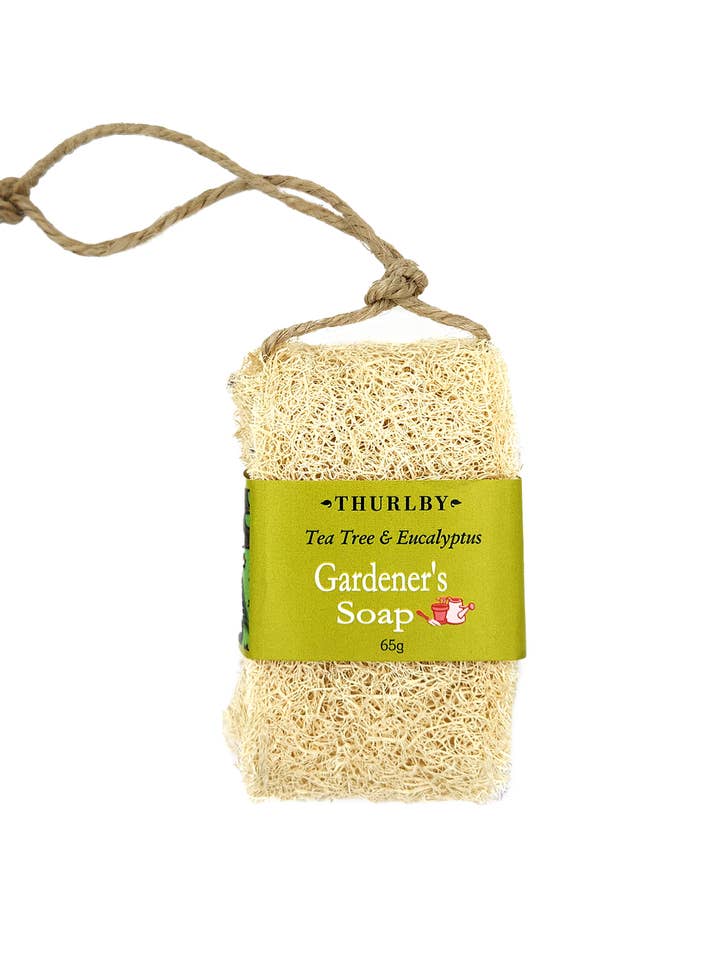 Gardener's Tap Loofah Soap in Tea Tree & Eucalyptus Display for wholesale by Thurlby Handmade Aromatic Homewares