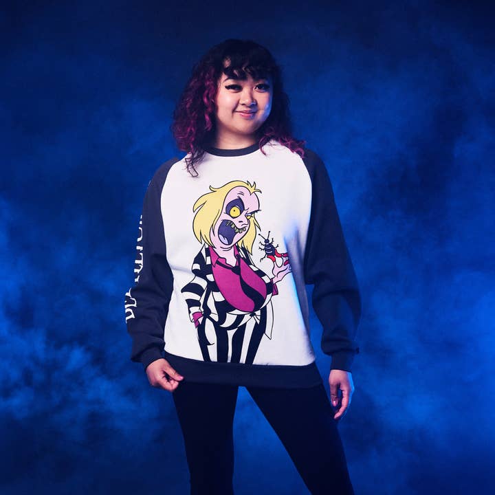 Beetlejuice Retro Raglan Sweater for wholesale by Cakeworthy