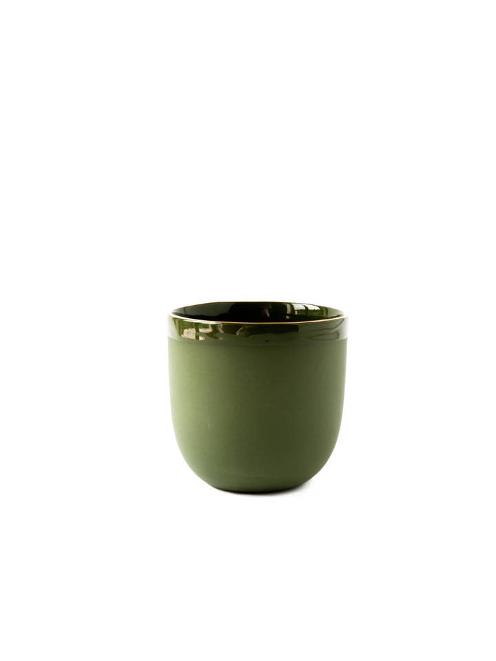 Handmade Porcelain Coffee Cup with Gold Rim. Green for wholesale by Creating Comfort Lab