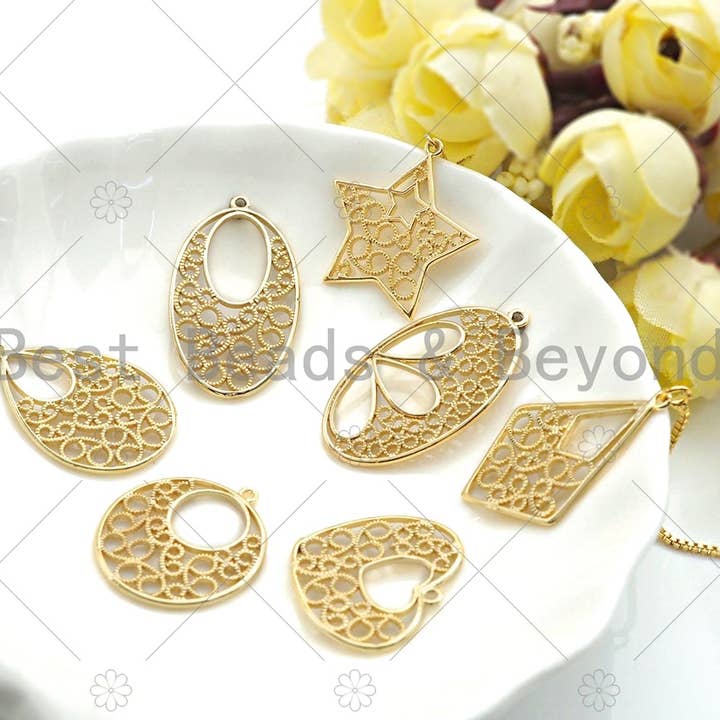 BestBeads&Beyond - Wholesale Individual Charm/Pendant - Filigree Gold Lacy Charm, Oval/Teardrop/Star/Heart Diamond Shape Brushed Gold Charm, Wire Charm, sku#CP113
