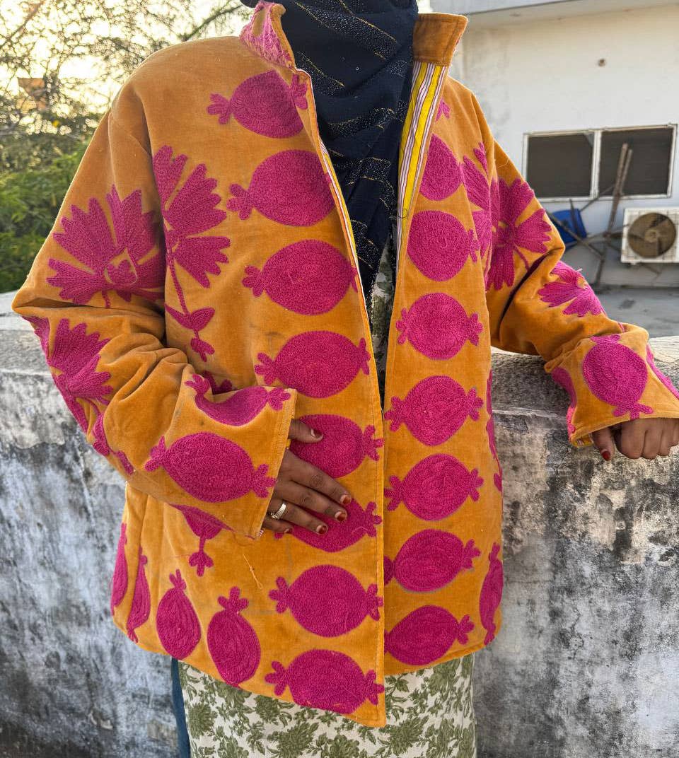 bhavnas boutique - Wholesale Jacket - Women's - Orange Velvet Kimono Robe Floral Embroidery Velvet Jackets1