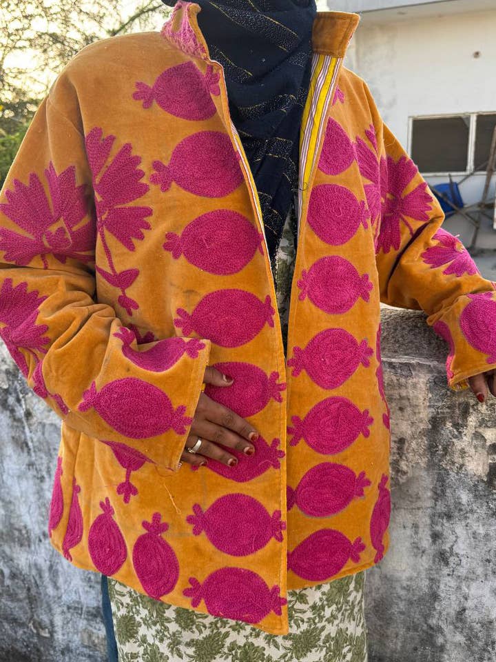 GYPSY STUDIO - Wholesale Jacket - Women's - Orange Velvet Jacket Embroidery Floral Design Long Coats1