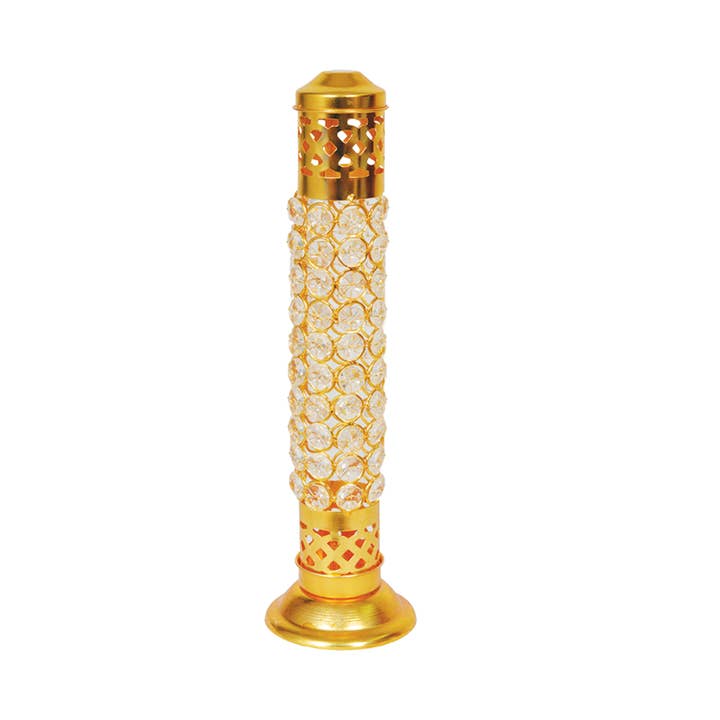 Brass Incense Burner Tower w/ Crystals (12 in.) for wholesale by Designs by Deekay Inc.
