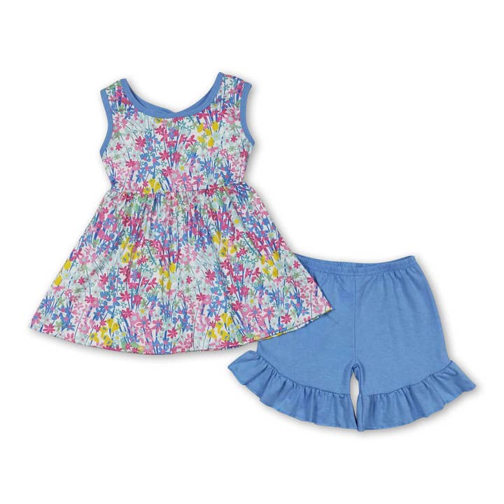 Sleeveless floral tunic ruffle shorts girls summer clothes for wholesale by Yawoo Garments