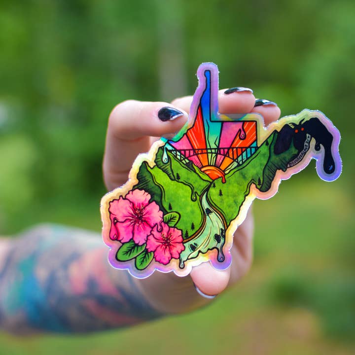 West Virginia Holografisk Sticker, 4x3.5in for engroshandel hos Catnip and Kittens