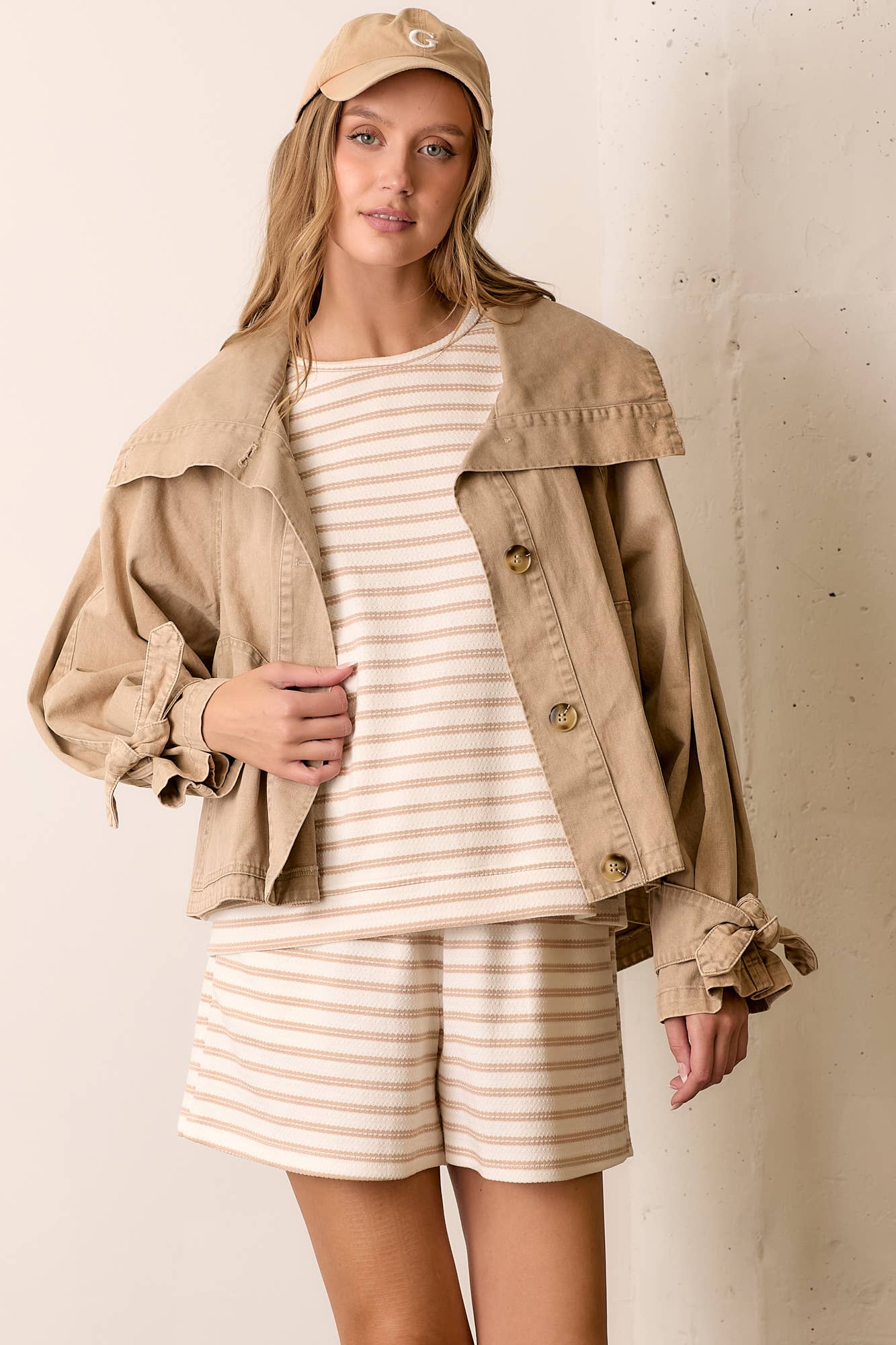 Polagram by Wellmade USA - Wholesale Jacket - Women's - WASHED WIDE COLLAR BUTTON CLOSURE JACKET