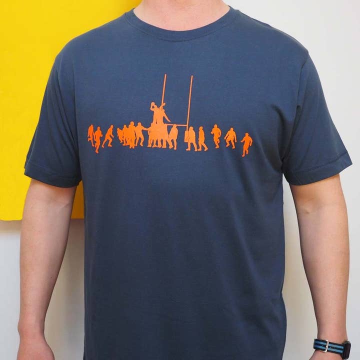 Stabo – wholesale Screen printed t-shirt – Men′s – Rugby Lineout T-shirt in Orange on Blue T Shirt1