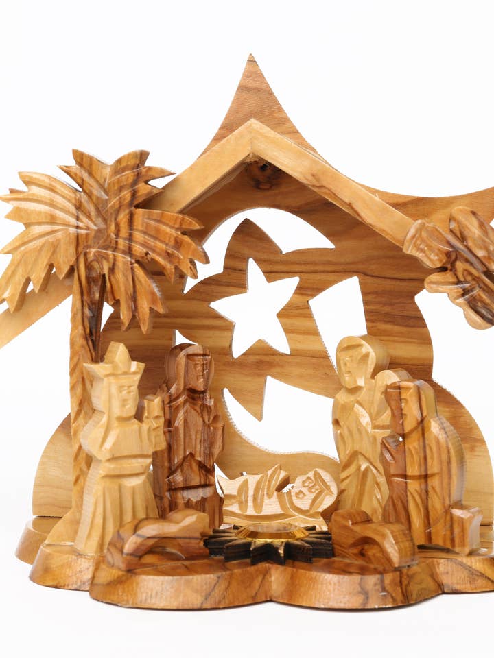 Olive Wood Nativity Scene_ Grotto and Star of Bethlehem Background for wholesale by Holyland Artisans