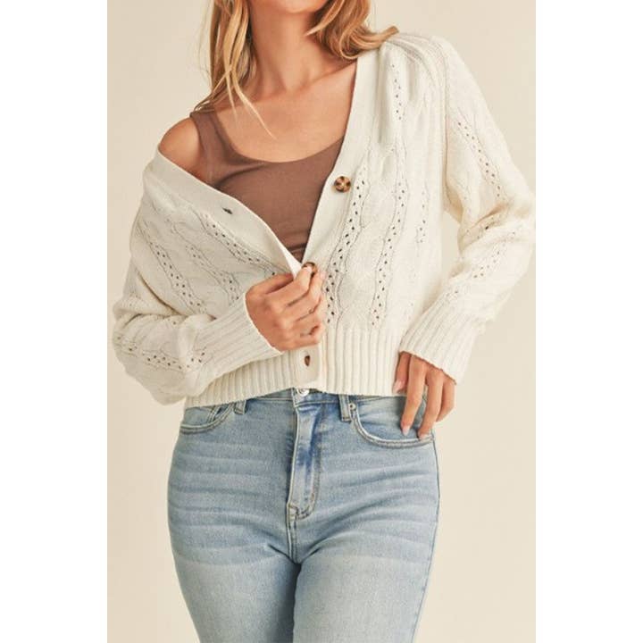Timeless - Wholesale Cardigan - Women's - Cable Knit Pointelle V Neck Sweater Cardigan