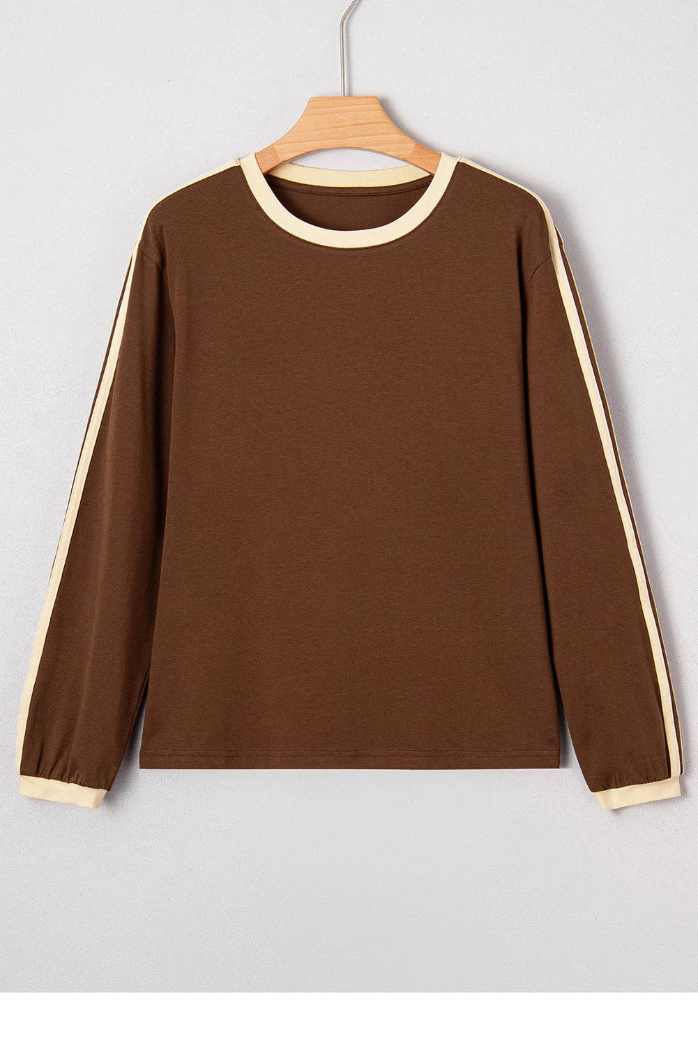 Dark Brown Varsity Striped Accent Contrast Crew Neck Long Sleeve T Shirt for wholesale on Faire0