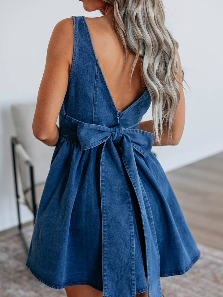 Sail Blue Square Neck Bowknot A-line Sleeveless Denim Dress for wholesale on Faire0