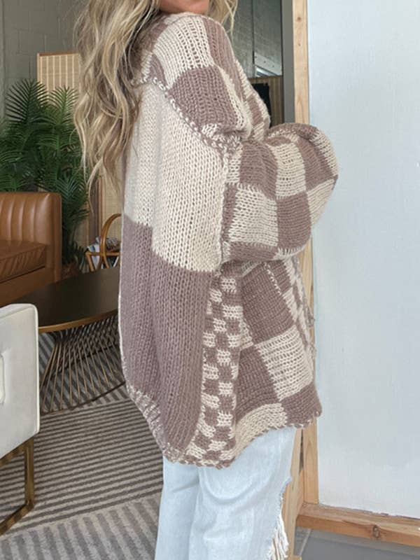 Rosa Clothing - Wholesale Cardigan - Women's - rizz boxy checkerboard knit Cardigan1