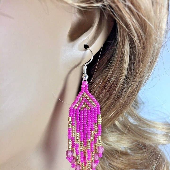 BEADS CORNER - Wholesale Dangle Earrings - Handmade Beaded Pink Fashion Hook Earrings0