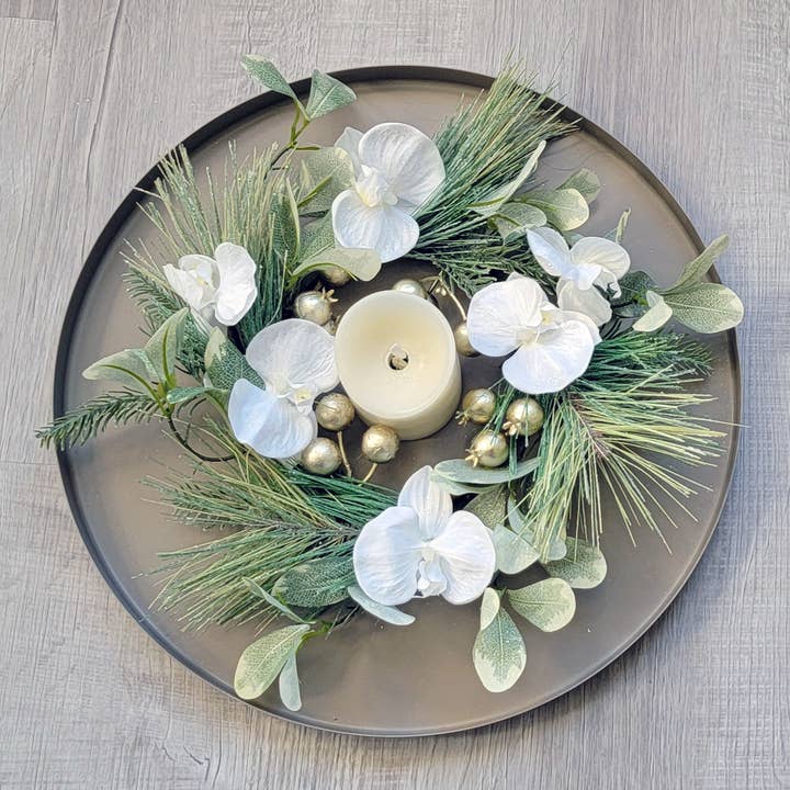 ES Essentials - Wholesale Wreath - Christmas Wreath Pine Glitter White Orchid Berry Candle Ring
