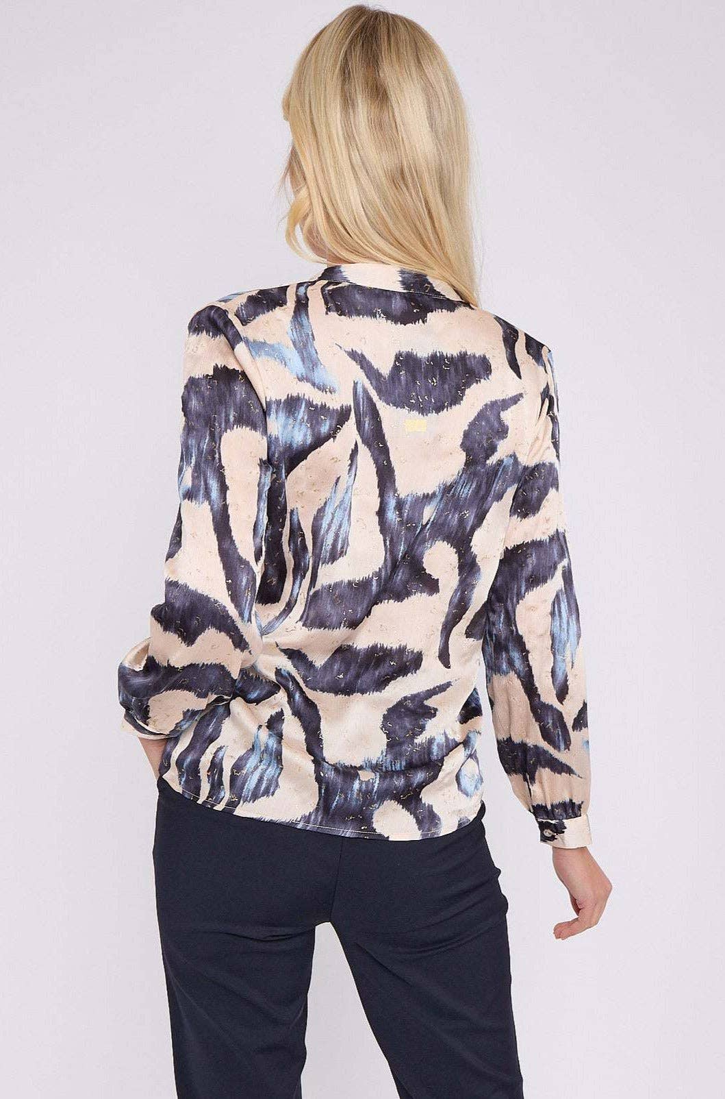 Navy Abstract Print Gold Dotted Blouse for wholesale on Faire6
