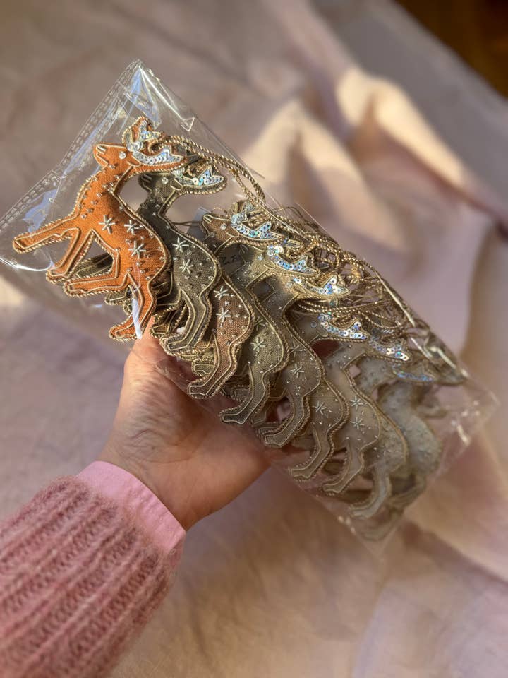 (12 pcs) Assortment Handmade Reindeer Linen Holiday Ornament for wholesale by Katie Larmour Linen