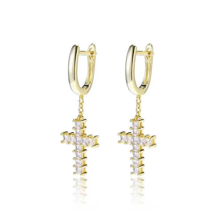18K Gold Diamond Cross Earrings for wholesale by GB Jewelry