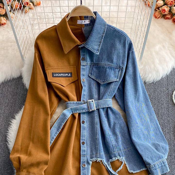 Patchwork Button-Up Belted Shirt and other Purchase Wholesale two tone shirts. Free Returns & Net 60 Terms on Faire trending on Faire.